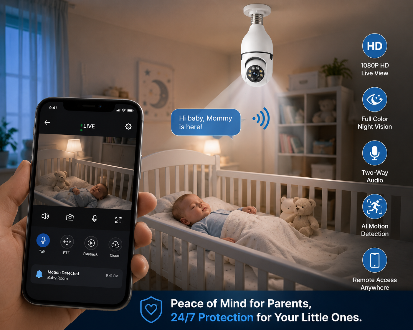 Guardian360 WiFi Light Bulb Security Camera monitoring a child's room with live mobile viewing and two-way audio.