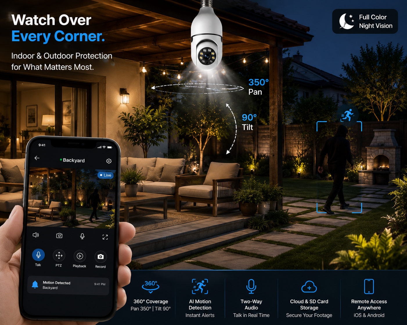 Guardian360 WiFi Light Bulb Security Camera monitoring a backyard and patio with AI motion detection, full color night vision, and smartphone alerts.