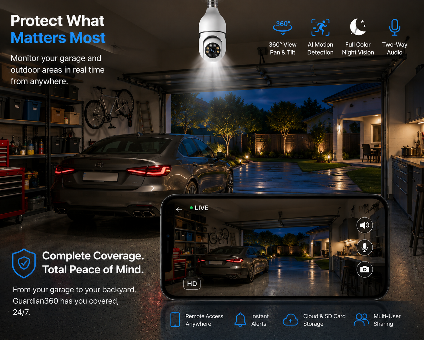 Guardian360 WiFi Light Bulb Security Camera monitoring a garage, parked car, driveway, and backyard with AI motion detection and full-color night vision.