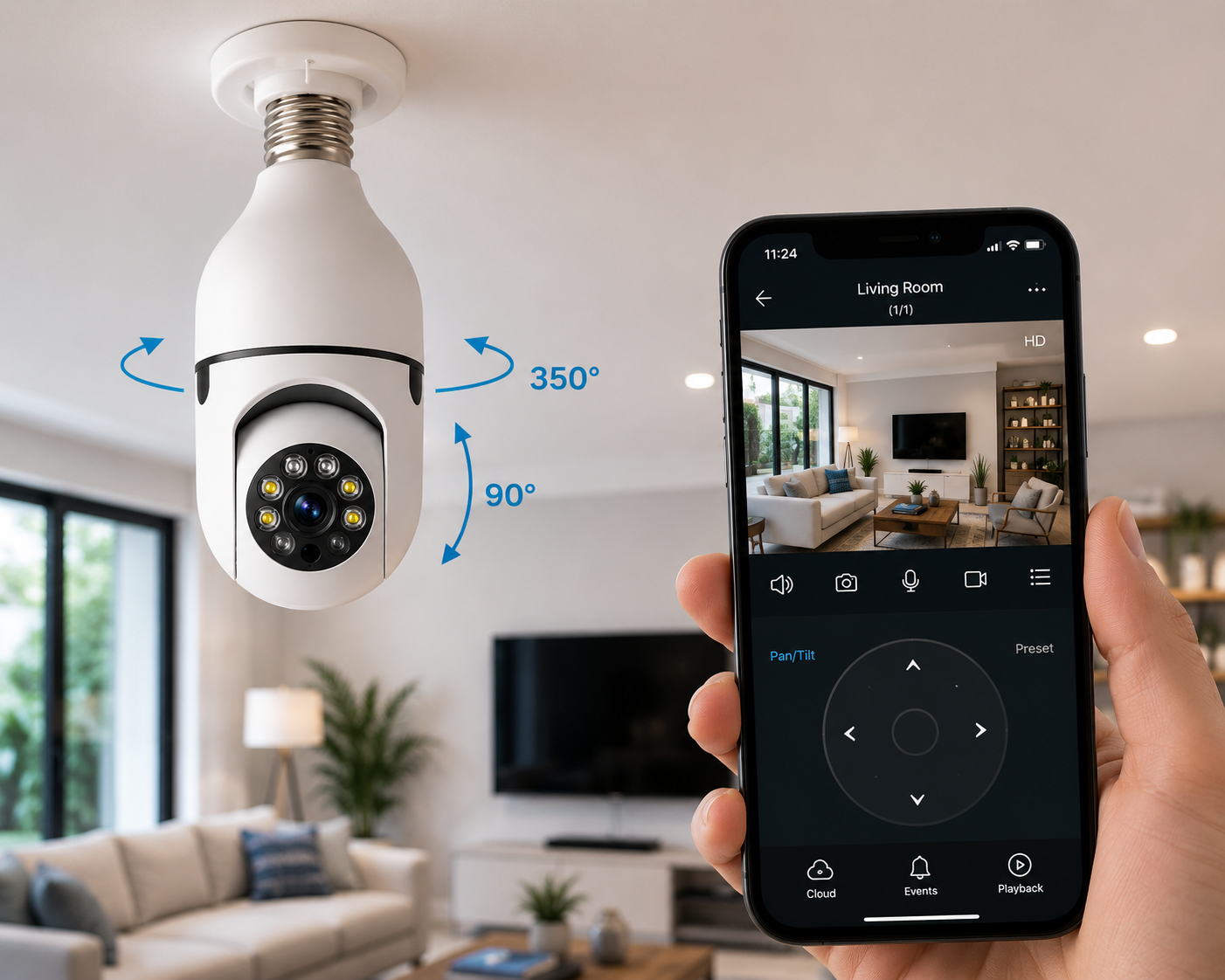 Guardian360 WiFi Light Bulb Security Camera installed in a modern living room with smartphone remote monitoring