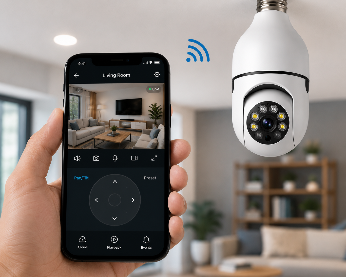 Guardian360 WiFi Light Bulb Security Camera controlled from a smartphone app with live view, motion detection and two-way audio.