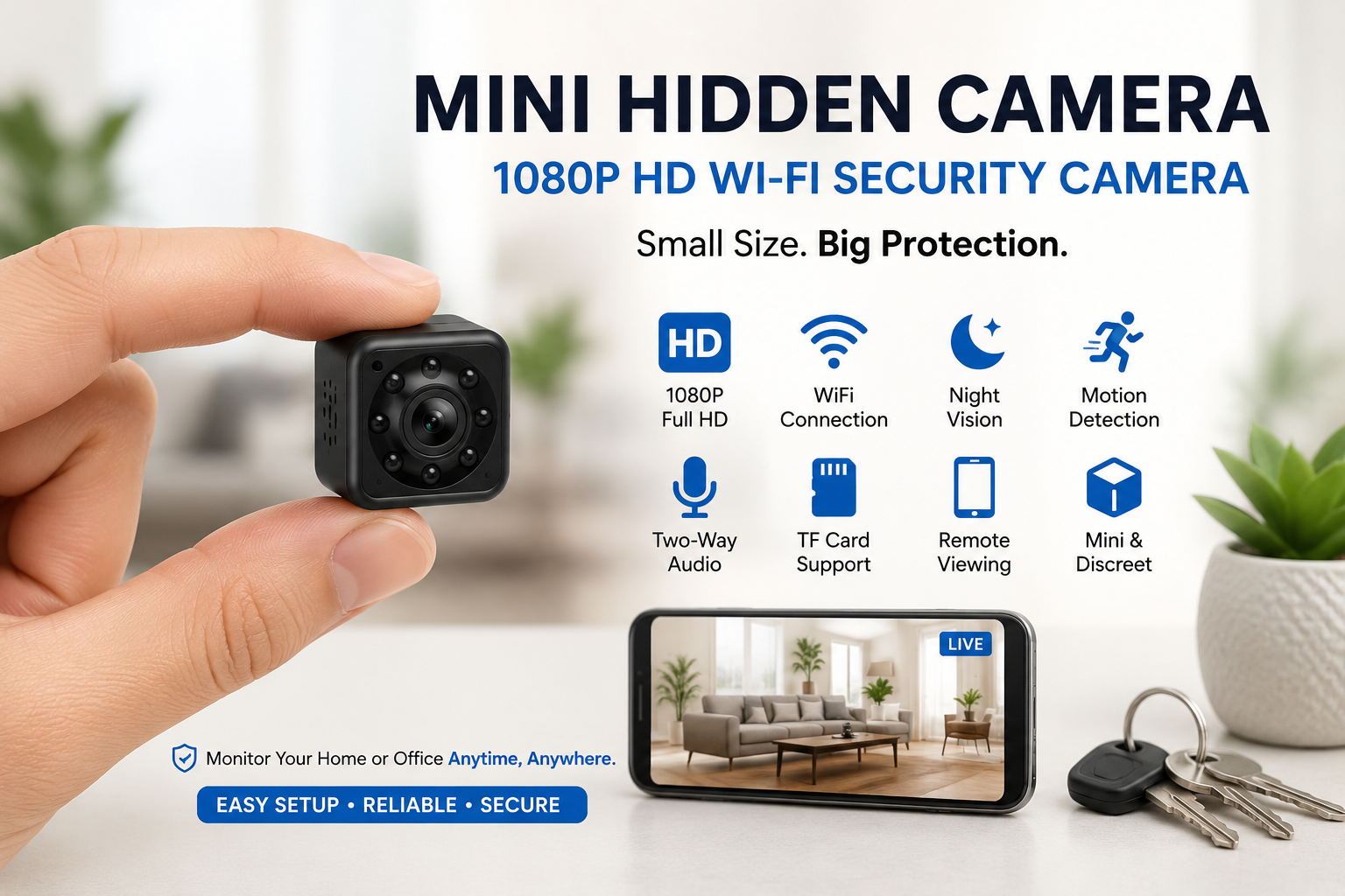 Mini Wireless Security Camera with 1080P HD video and night vision